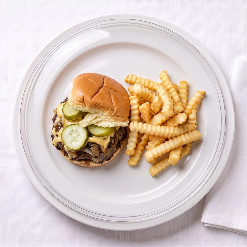 Overhead view of a burger topped with pickles and sauce, alongside crinkle-cut fries.