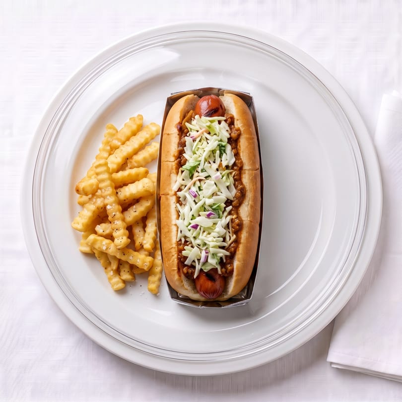 Hot dog topped with chili and coleslaw, served with seasoned crinkle-cut fries on a white plate.