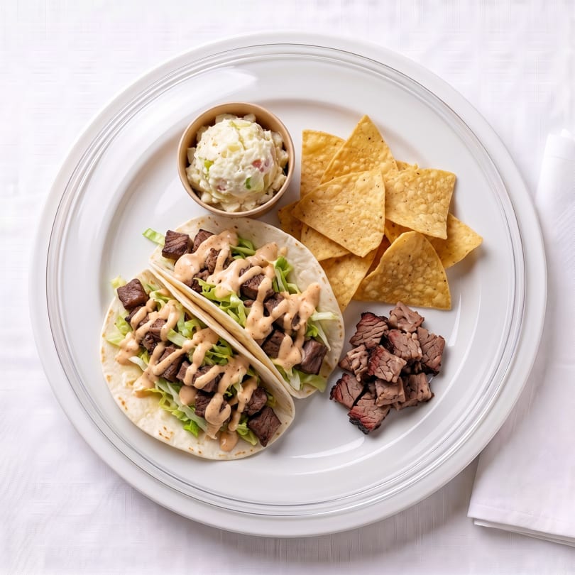 Two beef tacos with sauce, potato salad, tortilla chips, and extra meat on a white plate.