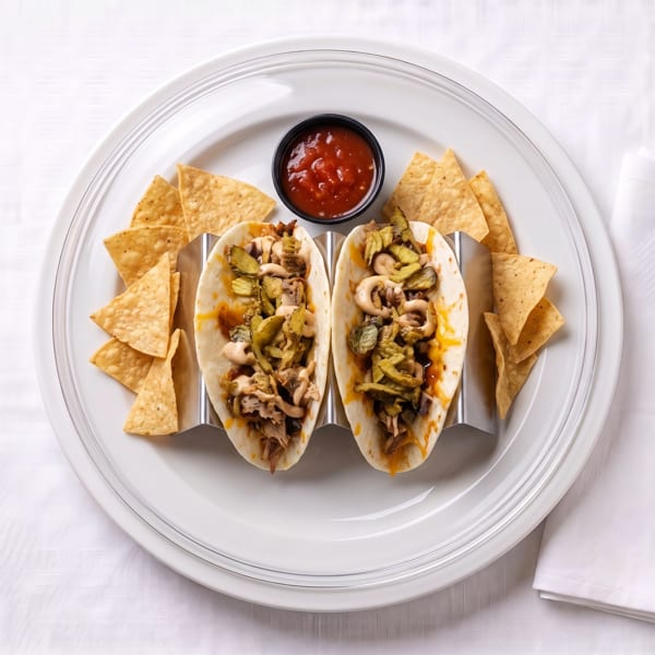 Two tacos filled with meat, cheese, and pickled vegetables, served with tortilla chips and salsa.