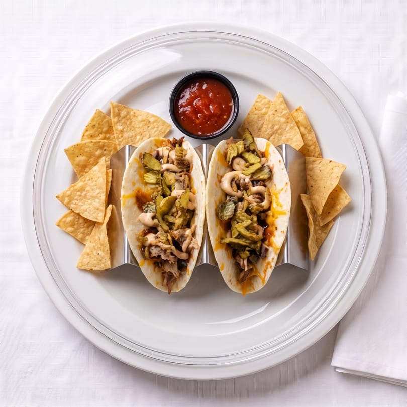 Two tacos filled with meat, cheese, and pickled vegetables, served with tortilla chips and salsa.