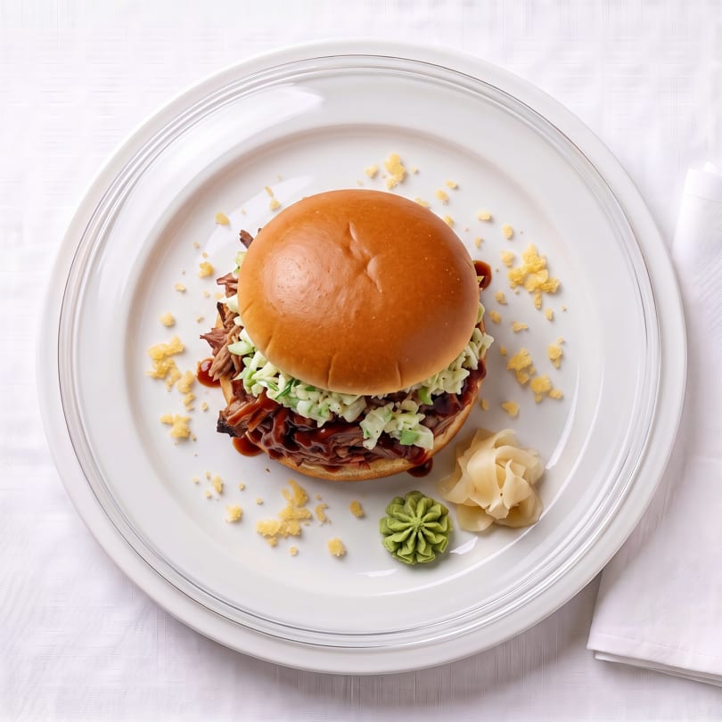 Pulled pork sandwich with coleslaw and BBQ sauce on a bun, served with pickled ginger and green garnish.
