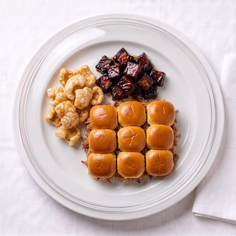 Plate with pork rinds, glazed pork belly, and nine sliders on pulled pork.