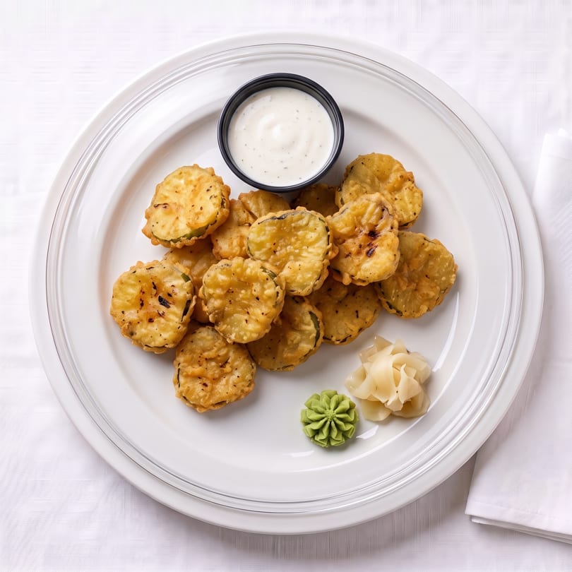 Golden fried pickles served with creamy ranch dip, pickled ginger, and wasabi.