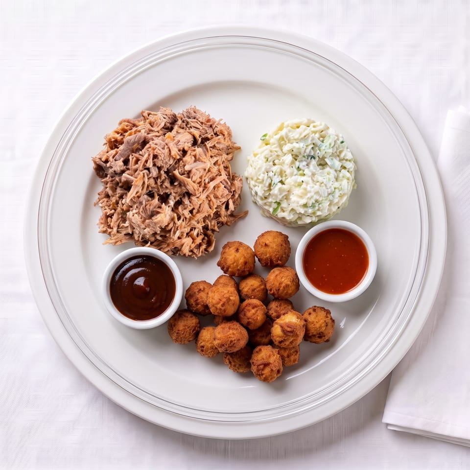 Pulled pork platter with coleslaw, hush puppies, and two dipping sauces.
