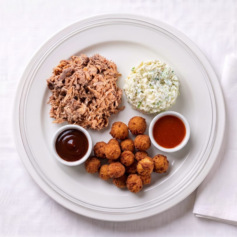 Pulled pork platter with coleslaw, hush puppies, and two dipping sauces.