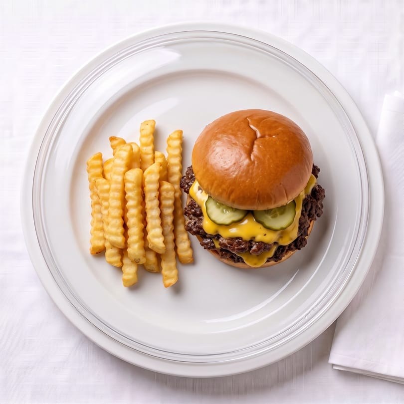 Double cheeseburger with pickles and melted cheese, served with crinkle-cut fries on a white plate.