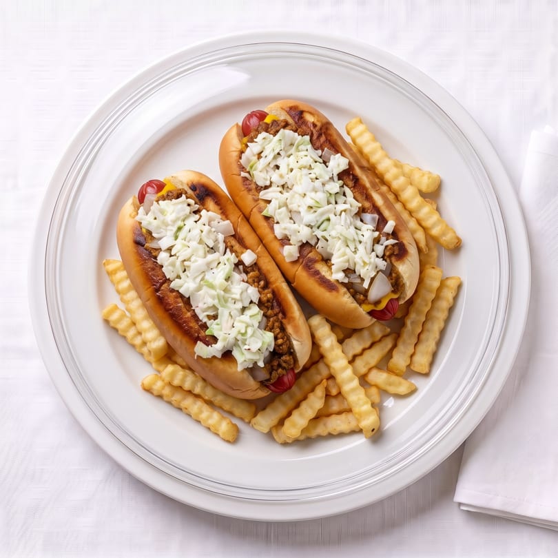 Two chili dogs topped with coleslaw and crinkle-cut fries on a white plate.