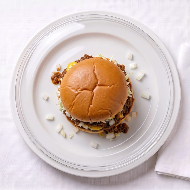 A sloppy joe sandwich with chili, cheese, onions, and coleslaw on a white plate.