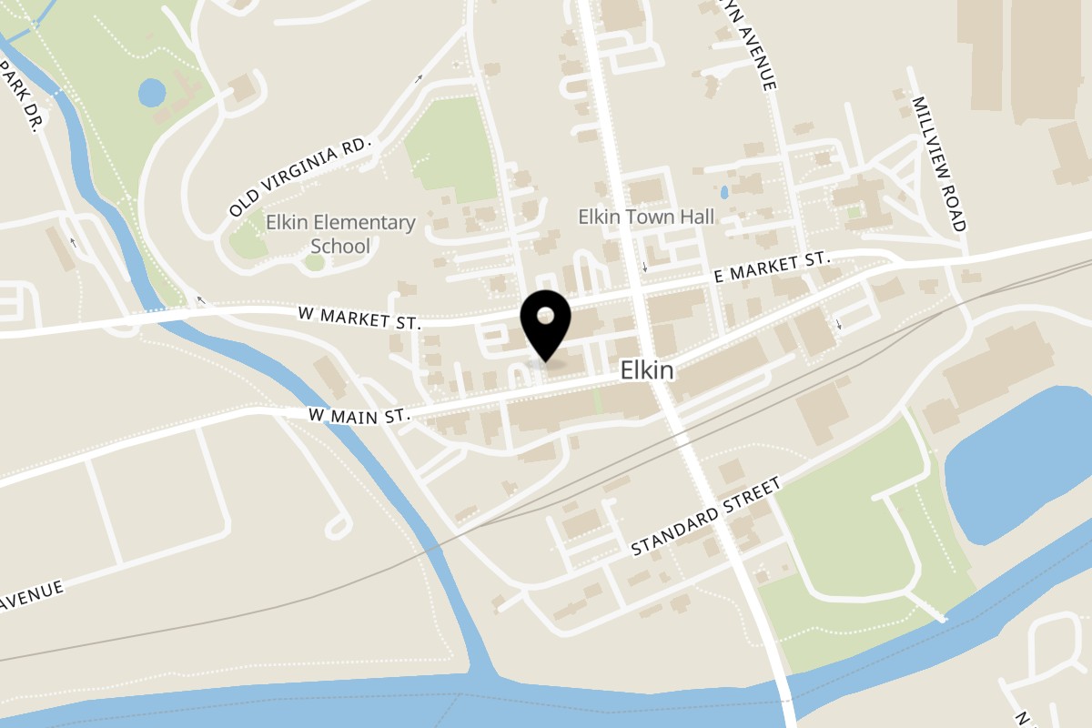 Map showing the location of Royall's BBQ & Grill on 128 W Main St in Elkin